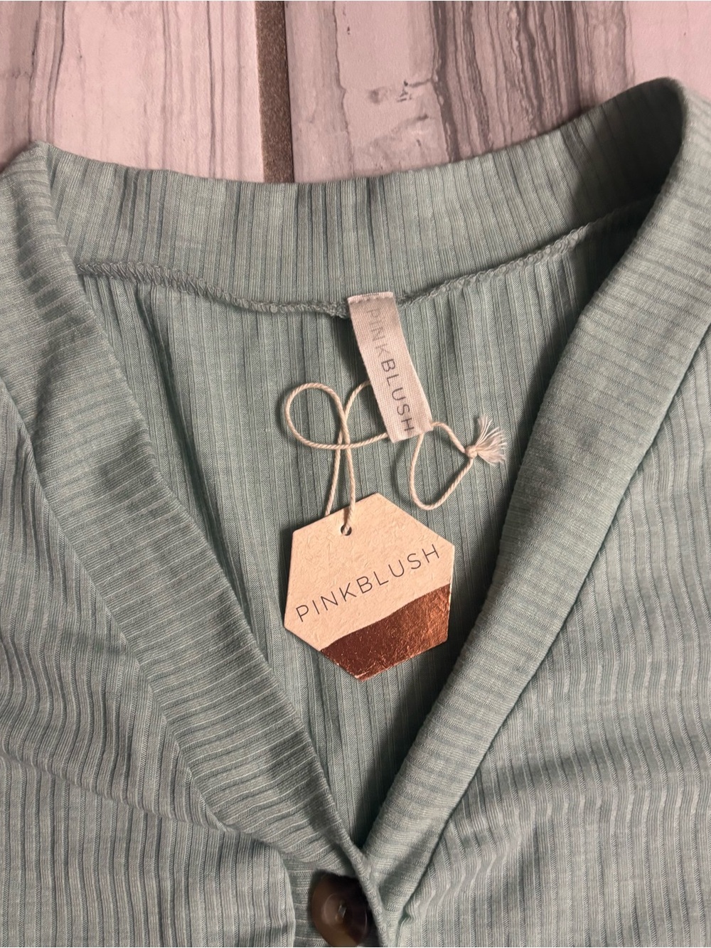 Pinkblush Mint Ribbed Short-Sleeve V-Neck Top with Button Detail - Picture 2 of 6